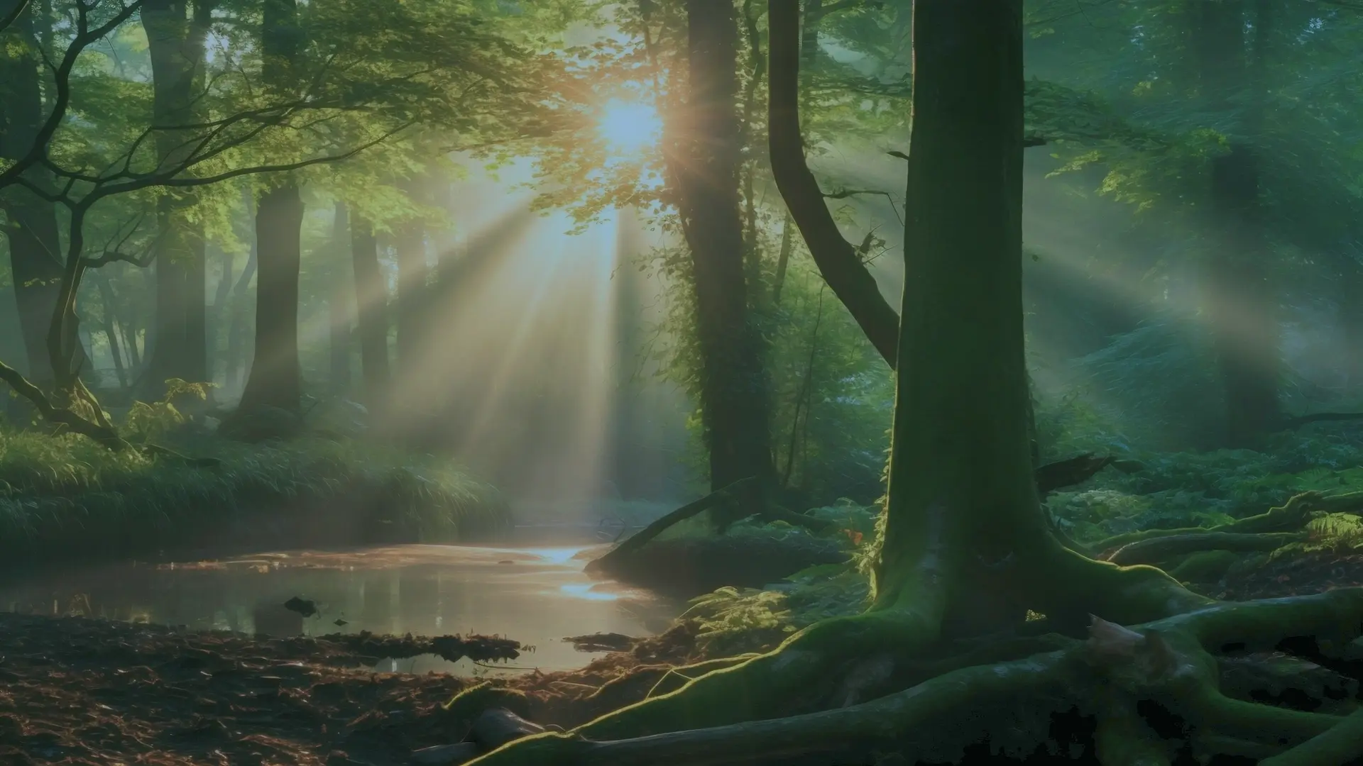 Las, z gęsto ułożonymi drzewami, na górze przebija się słońce