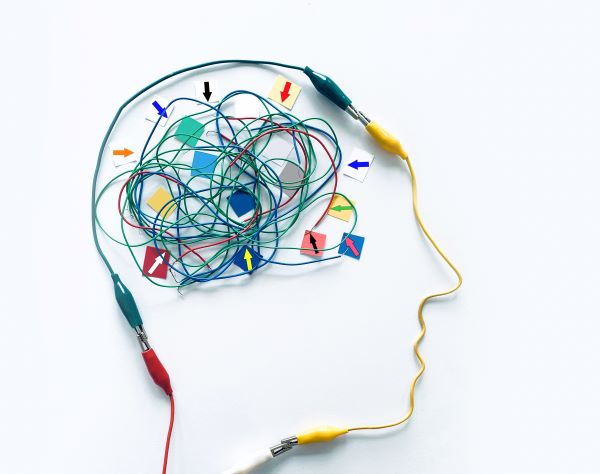 Na zdjęciu połączone ze sobą kolorowe kabelki, które kształtem przypominają głowę a w niej umysł