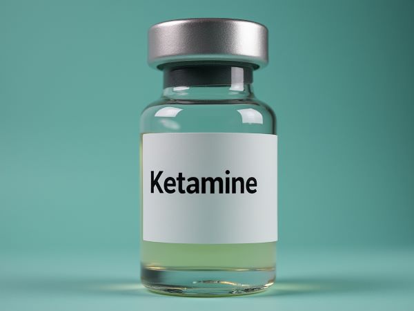 Fiolka ketaminy w płynie. Morskie tło.